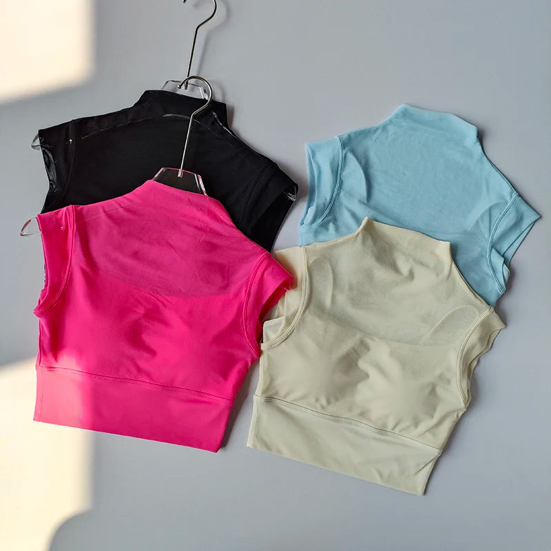 Mesh Integrated Cup Flying Sleeve Short Sleeve Anti-wrinkle Sports Yoga Fitness Comfort Chest Pad Wear-free Bra Suspender Top