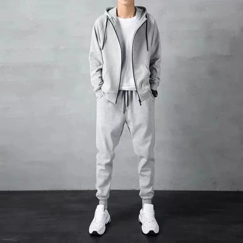 Two Piece Spring Autumn Thin Minimalist Sports Men Set Loose Cardigans Zipper Hooded Hoodie Elastic Waist Casual Sweatpants Suit