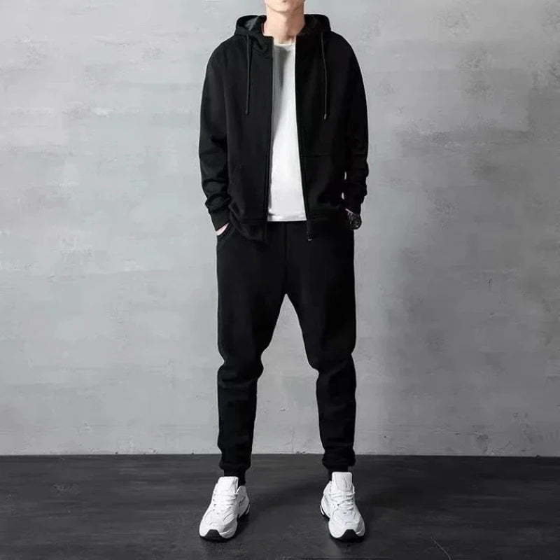 Two Piece Spring Autumn Thin Minimalist Sports Men Set Loose Cardigans Zipper Hooded Hoodie Elastic Waist Casual Sweatpants Suit